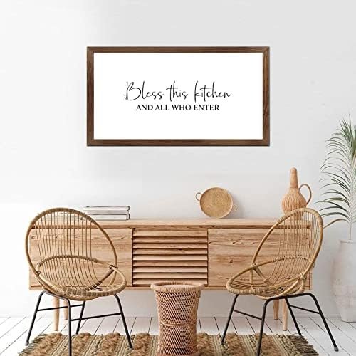 Funny Vintage Wooden Frame Sign 12x22 Inch,Bless This Kitchen and All Who Enter Farmhouse Wooded Sign for Home Entrance Decor Ready to Hang Wall Art Holiday Sign Gifts