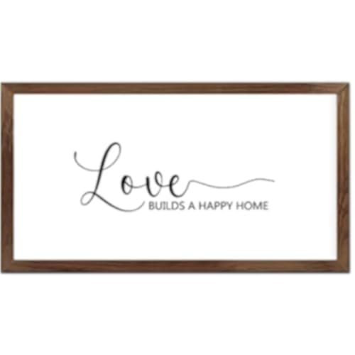 Funny Vintage Wooden Frame Sign 12x22 Inch,Love Builds A Happy Home Farmhouse Wooded Sign for Home Entrance Decor Ready to Hang Wall Art Holiday Sign Gifts