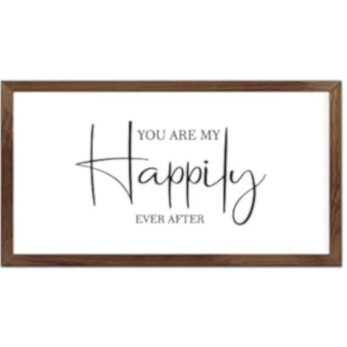 Funny Vintage Wooden Frame Sign 12x22 Inch,You are My Happily Ever After Farmhouse Wooded Sign for Home Entrance Decor Ready to Hang Wall Art Holiday Sign Gifts