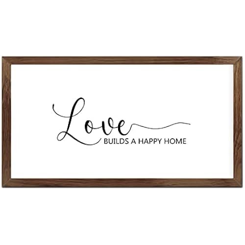 Funny Vintage Wooden Frame Sign 12x22 Inch,Love Builds A Happy Home Farmhouse Wooded Sign for Home Entrance Decor Ready to Hang Wall Art Holiday Sign Gifts