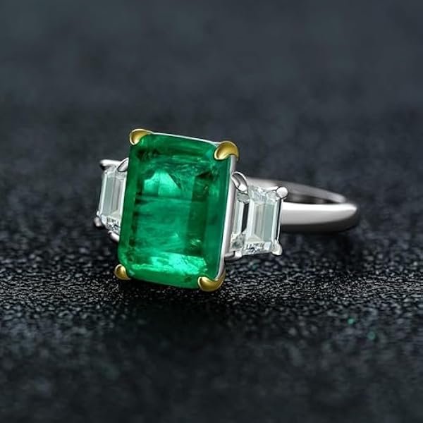 Rectangular Lab Emerald Gemstone Ring Colored Gemstone Men‘s Women’s Gifts Family; Friends Jewelry Birthday Gifts Anniversary Wedding Festival Activities Daily, Size US 5