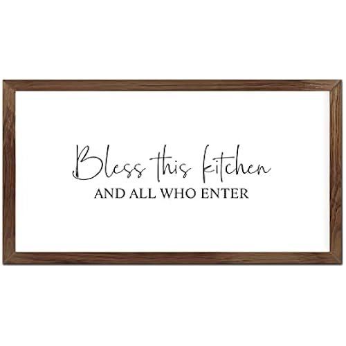 Funny Vintage Wooden Frame Sign 12x22 Inch,Bless This Kitchen and All Who Enter Farmhouse Wooded Sign for Home Entrance Decor Ready to Hang Wall Art Holiday Sign Gifts