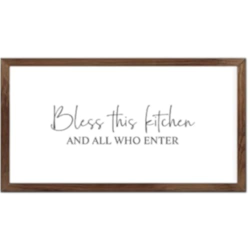 Funny Vintage Wooden Frame Sign 12x22 Inch,Bless This Kitchen and All Who Enter Farmhouse Wooded Sign for Home Entrance Decor Ready to Hang Wall Art Holiday Sign Gifts