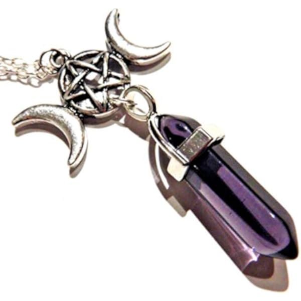 Pentagram & Moon Phases & Hex-Point Purple Glass Crystal Pendant on Chain Necklace Wiccan Pagan
