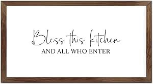 Funny Vintage Wooden Frame Sign 12x22 Inch,Bless This Kitchen and All Who Enter Farmhouse Wooded Sign for Home Entrance Decor Ready to Hang Wall Art Holiday Sign Gifts