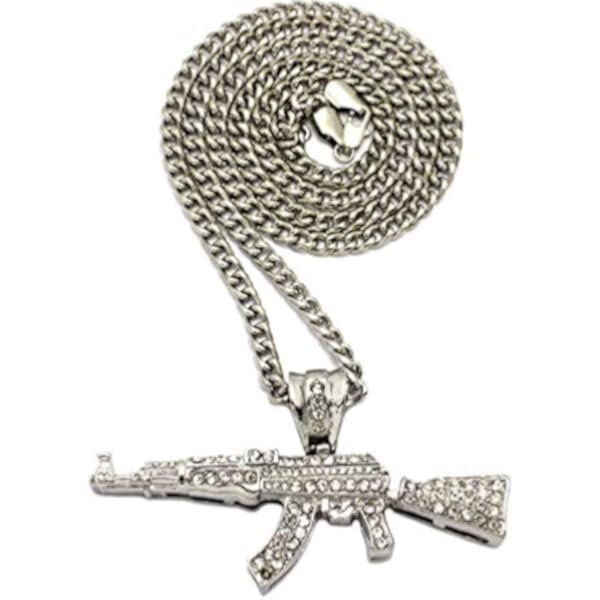 Mens ICED Out Machine Gun AK47 Chopper,Uzi Weapon, Hand Gun Pendant Box, Rope, Cuban Chain 3 Necklace Set