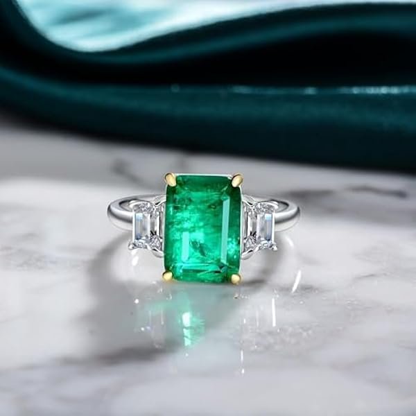 Rectangular Lab Emerald Gemstone Ring Colored Gemstone Men‘s Women’s Gifts Family; Friends Jewelry Birthday Gifts Anniversary Wedding Festival Activities Daily, Size US 5