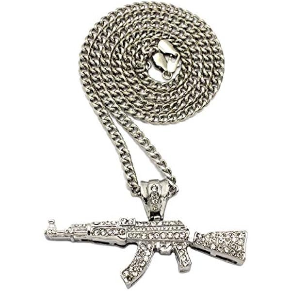 Mens ICED Out Machine Gun AK47 Chopper,Uzi Weapon, Hand Gun Pendant Box, Rope, Cuban Chain 3 Necklace Set