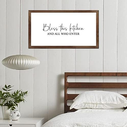 Funny Vintage Wooden Frame Sign 12x22 Inch,Bless This Kitchen and All Who Enter Farmhouse Wooded Sign for Home Entrance Decor Ready to Hang Wall Art Holiday Sign Gifts